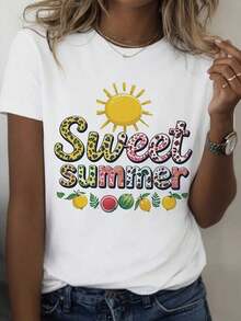 Camiseta Casual para Mujer - Camiseta de Manga Corta Casual para Mujer - Top de Verano Suave y Transpirable con Estampado Gráfico Veraniego, Diseño de Frutas Tropicales y Sol, Cuello Redondo, Corte Regular, Lavar a Mano Solamente, Blanca, Camisetas para Verano, Uso Diario Cómodo, Diseño Vibrante de Frutas, Camiseta de Textura Suave, 100% Algodón, Duradera - Blanco - Ver 1