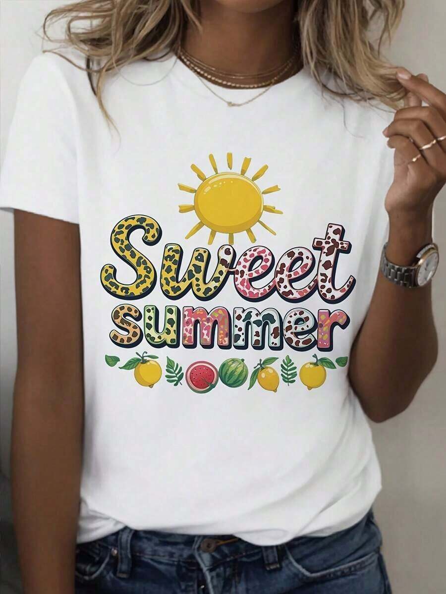 Camiseta Casual para Mujer - Camiseta de Manga Corta Casual para Mujer - Top de Verano Suave y Transpirable con Estampado Gráfico Veraniego, Diseño de Frutas Tropicales y Sol, Cuello Redondo, Corte Regular, Lavar a Mano Solamente, Blanca, Camisetas para Verano, Uso Diario Cómodo, Diseño Vibrante de Frutas, Camiseta de Textura Suave, 100% Algodón, Duradera - Blanco - Ver 1