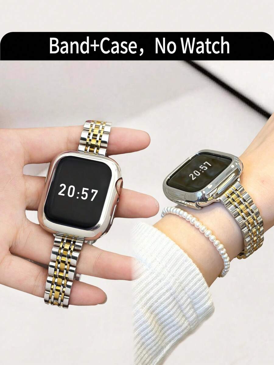 Huastonband 相容 38mm 40mm 41mm 42mm 44mm 45mm 46mm 49mm 保護殼,女款 14mm 纖細銀色不鏽鋼錶帶搭配柔軟防刮金色 TPU 保護套,適用於 S11/S10/S9/S8/S7/S6/S5/S4/S3/S2/S1/SE/SE2 系列,女款金色手鍊,適合派對、聚會、海灘、日常穿著,時尚配件,女性禮物 - 銀間金 - 查看 1