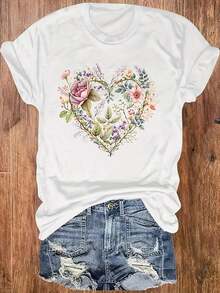 Camiseta Casual de Cuello Redondo con Estampado de Corazones Florales, Cómoda y Suave, Camiseta de Verano Fresca para Mujer, Estilo Unisex - Blanco - Ver 5