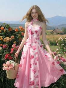 MOD Vestido elegante de mujer con estampado floral, cintura fruncida y tirantes largos para fiesta - Rosa - Ver 1