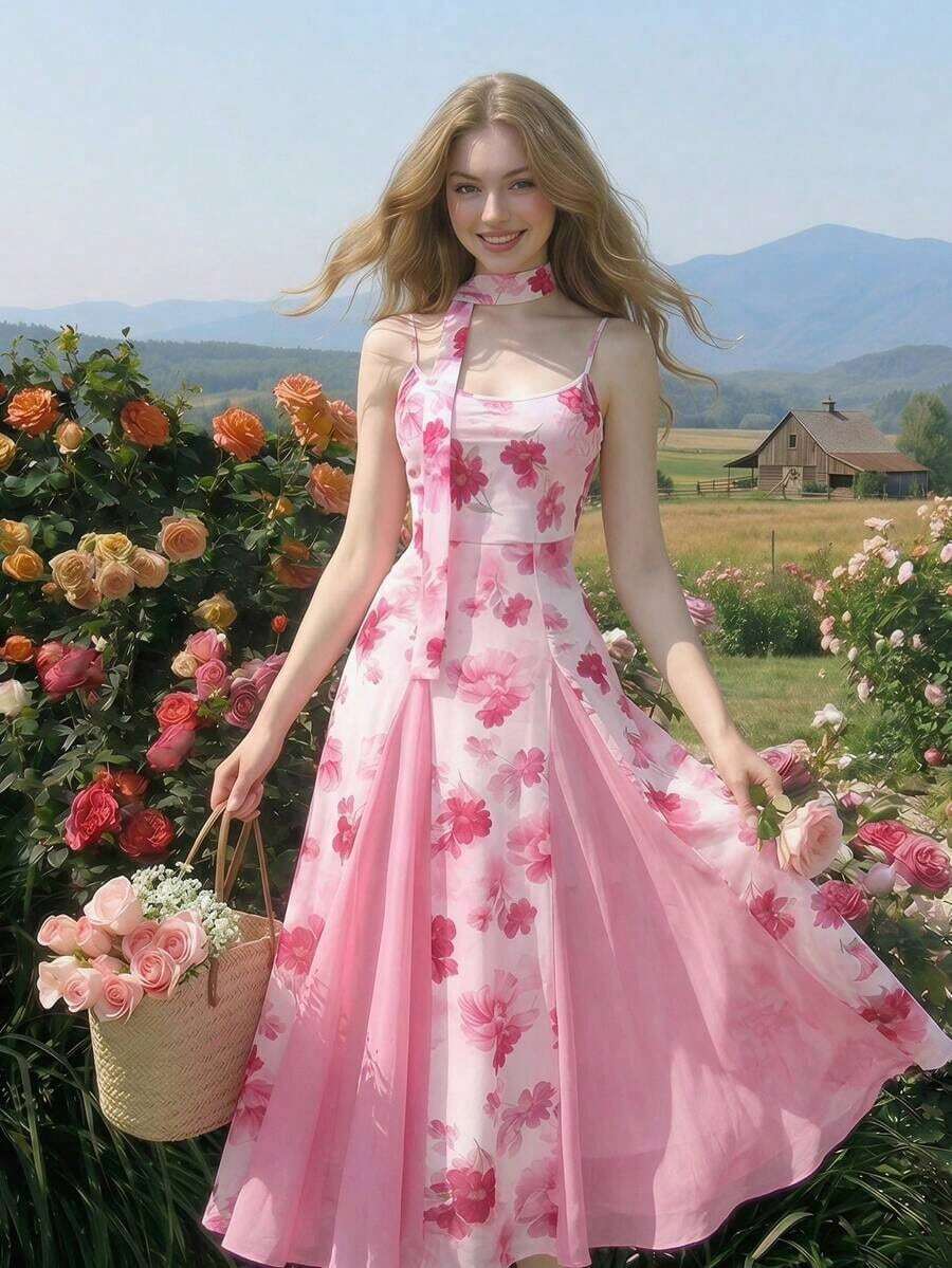 MOD Vestido elegante de mujer con estampado floral, cintura fruncida y tirantes largos para fiesta - Rosa - Ver 1