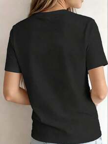 Camiseta de manga corta para mujer, camiseta con estampado de letras, top casual de manga corta y cuello redondo para verano y primavera, ropa de mujer - Negro - Ver 2