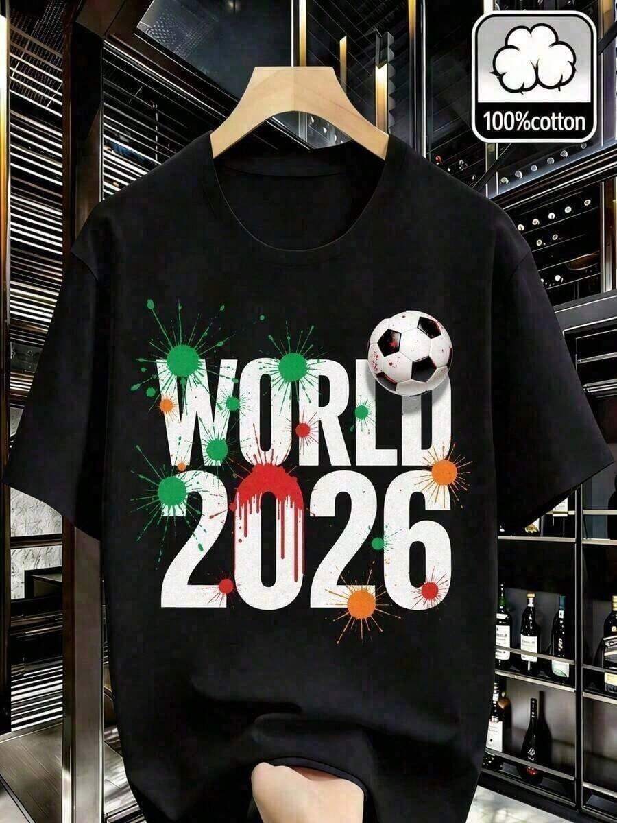 NewSummerCasualGraphic TeesCamiseta impresa con tema de la Copa Mundial 2026 para hombres - Diseño de cuello redondo 100% algodón, patrón de elementos de fútbol y salpicaduras de tinta, camiseta unisex de tema patriótico, tela cómoda y transpirable, estilo de moda retro Y2K, regalo conmemorativo perfecto para hombres y mujeres, camiseta de ajuste estándar para hombres100% cotton2026 Mexico World Cup-Vintage Street Style Unisex Loose Cotton Short Sleeve Crew Neck T-Shirt - Blanco - Ver 1
