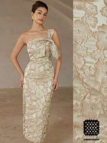 Nuevo vestido de cóctel largo, elegante y de lujo con estilo vintage para dama. Vestido ajustado y entallado sin mangas, con decoración de lazo en el hombro asimétrico oblicuo, de tela jacquard. - Multicolor - Ver 9