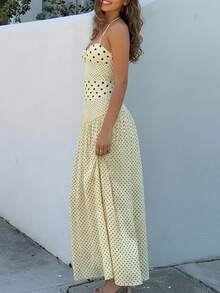 Vestido Largo Tirantes Lunares Cintura Alta Primavera Estilo Europeo Casual Diario Elegante Moderno para Mujer - Amarillo - Ver 4
