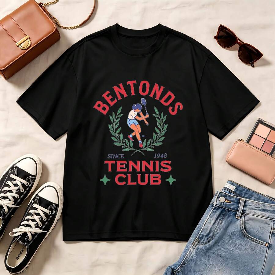 Retro Tennis Club, 100% Cotton, Oversized Soft Breathable Casual Crewneck, Short Sleeve Top, Summer Vibes, Vintage Aesthetic, Streetwear, Tennis Lovers - Negro - Ver 1