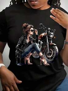 Camiseta Gráfica Retro de Motocicleta para Mujer - Diseño Elegante y Curvilíneo, Camiseta Rosa con Estampado de Mujer y Motocicleta, Perfecta para Conjuntos de Verano, Fiestas y Ropa Casual, Camiseta de Motocicleta - Negro - Ver 6