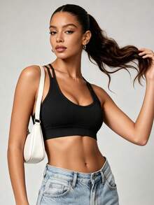 Runway Rest Women's Solid Color Camisole Sports Bra, Suitable For Daily Workout - Black - View 3