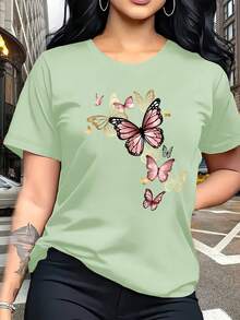Watercolor Butterfly Print,  Breathable T-Shirt, Perfect For Family Trips, Campus Life, Casual Wear, Daily Commutes, Matching Sister Outfits, Versatile Tee - 黑色 - 查看 3