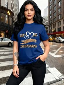 Glitter Heart Print T-Shirt With Leopard Print Design,  And Breathable, Suitable For Family Trips, School Activities, Casual Sports, Daily Commutes, Matching Sister Outfits, Versatile T-Shirt. 9XO7 - 藍色 - 查看 6