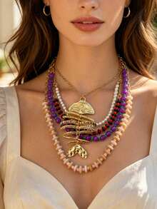 ZA Women's Multi-Layer Beaded Fishbone Pendant Necklace | Colorful Bohemian Coastal Vacation Jewelry - D - View 5