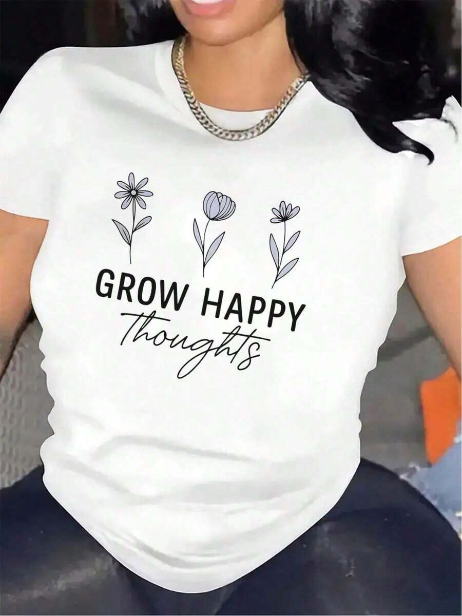 100% Cotton Polyester Short Sleeve T-Shirt With Floral Design "Grow Happy Thoughts", Lightweight And Durable For Casual Wear At Home, Office Or Cafe, White Print On Black Fabric, Comfortable Fit For Everyday Wear - 白色 - 查看 1