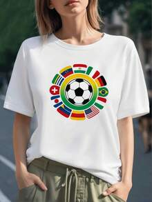 Bandera circular con emblemas de diferentes países que simbolizan unión deportiva y diversidad cultural en torno al fútbol camiseta para mujer 100% algodón cómoda y moderna para uso diario - Negro - Ver 6
