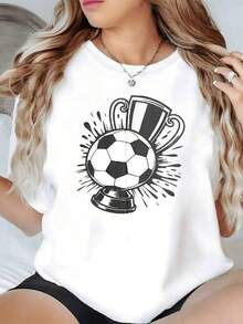 Trofeo brillante con balón de fútbol que simboliza la pasión por el deporte y la fuerza para alcanzar la victoria con energía y alegría camiseta de mujer casual moderna cómoda para amantes del fútbol - Negro - Ver 1