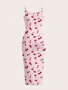 Vestido camisero de longitud completa ajustado con estampado de cerezas, adecuado para el verano - Multicolor 2 - Ver 2
