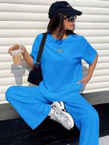 Conjunto informal de camiseta holgada y pantalones con textura mostaza para mujer - azul real - Ver 6