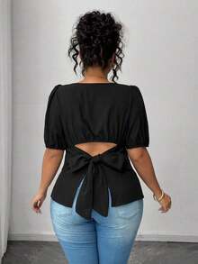 Blusa casual de manga corta con lazo y espalda abierta, unicolor, para mujer talla grande, verano - Negro - Ver 4