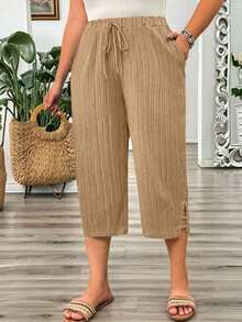 Pantalones casuales capri de talla grande para mujer, de unicolor, con cintura anudada y bolsillos - Caqui - Ver 3