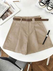 Pantalones cortos versátiles y casuales para mujer, pantalones cortos blancos de pierna ancha para ropa universitaria - Marrón Mocha - Ver 1