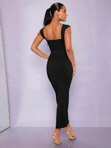 Vestido ajustado unicolor de cuello cuadrado - Negro - Ver 2