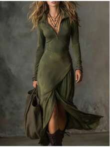 Vestido vintage con solapa y cremallera de ciervo del oeste - Verde Oliva - Ver 2
