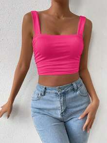 Femesol Top de cami corto fruncido de un solo color,top básico - Rosa Fucsia - Ver 5
