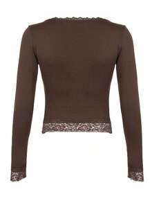 Camiseta elegante de manga larga con cuello cuadrado, unicolor y encaje contrastante para mujer, ideal para atuendos primaverales - Café integral - Ver 2