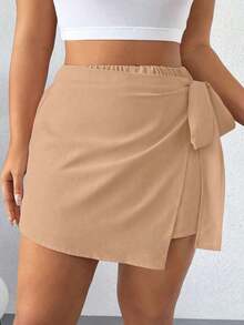 Falda pantalón informal de aspecto de mezclilla con doblez asimétrico y nudo lateral para mujer talla grande - Camel - Ver 3