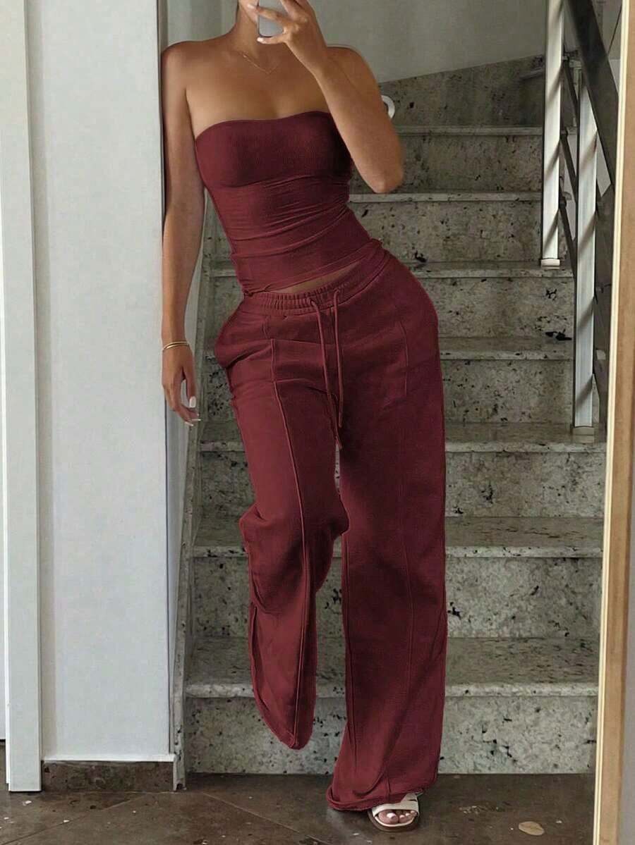 Conjunto de 2 piezas de ropa de otoño Vaiaye: Top corto ajustado y sexy sin tirantes, camiseta básica de unicolor elástica y ajustada, top tipo bandeau para yoga; Conjunto de pantalones para primavera/verano - Morado - Ver 1