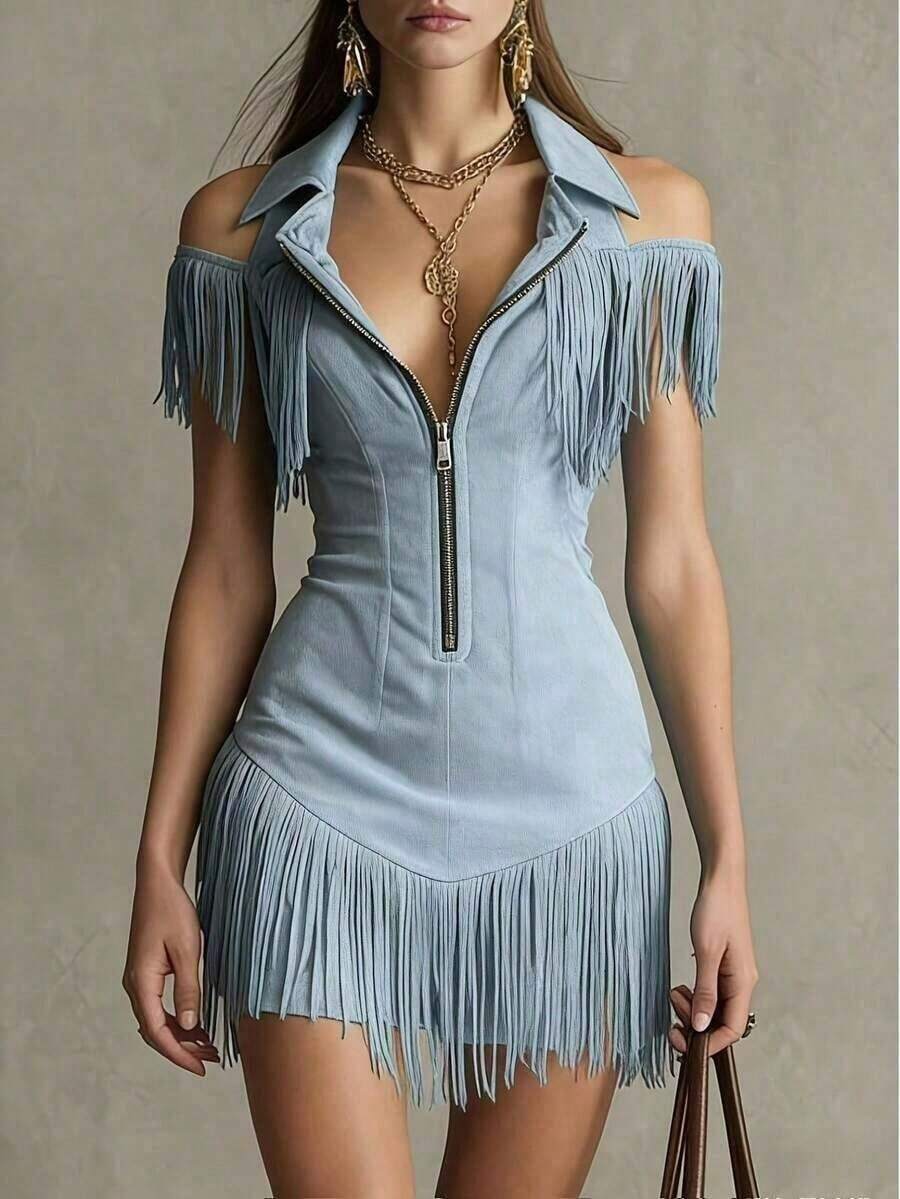 1Women Cold Shoulder Lapel Zipper Front Fringe Bodycon Mini Dress - Blue - View 1
