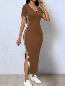 Vestido elegante de mujer de manga corta con cuello en V, de punto elástico de color negro con bloqueo de color, asimétrico con abertura en el bajo - Marrón - Ver 3