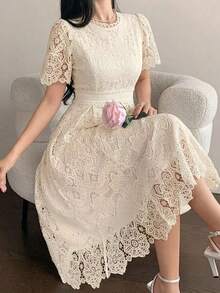 Vestido corto con adorno de encaje en las mangas, vestido mini elegante y refinado - Beis - Ver 7