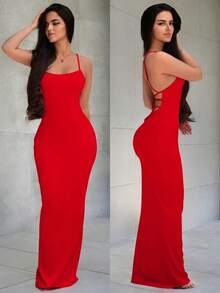 maxi de mujer de tela de punto de color marrón chocolate con tirantes finos y abertura en el bajo de lápiz - Rojo - Ver 1