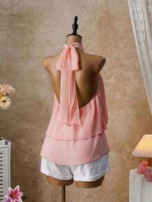 Blusa con cuello halter amarilla, blusa elegante con cuello halter, bajo con volantes en forma de A y cuello con lazo, camisa casual de oficina de color amarillo claro, blusa con cuello halter y espalda descubierta para playa y vacaciones - Rosa - Ver 2