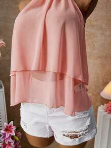 Blusa con cuello halter amarilla, blusa elegante con cuello halter, bajo con volantes en forma de A y cuello con lazo, camisa casual de oficina de color amarillo claro, blusa con cuello halter y espalda descubierta para playa y vacaciones - Rosa - Ver 5