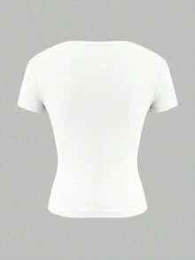 Camiseta ajustada de estilo Y2K con cuello en V y mangas cortas de unicolor, cintura ceñida, adecuada para uso diario casual de las mujeres Vaiaye - Blanco 2 - Ver 4