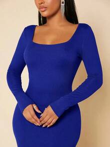 Vestido ajustado unicolor de cuello scoop - azul real - Ver 5