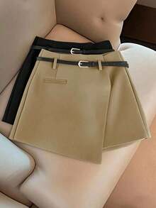 Pantalones con falda asimétrica de moda casual para ir al trabajo, pantalones cortos multifuncionales para mujer sin cinturón, pantalones con falda asimétrica a juego sin cinturón, falda asimétrica, falda con dobladillo asimétrico, falda pantalón - Marrón - Ver 9