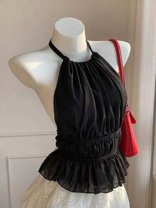 Top sin espalda de tirantes con pliegues y cordón en color negro, informal de verano para salir - Negro - Ver 3
