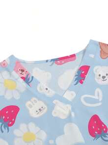 Blusa de mujer con cuello en V blanco, manga corta, con doble bolsillo, con estampado de dibujos animados lindos, estampado de animales de granja, uniforme de enfermera/médico, ropa de trabajo de unicolor para peluquería de mascotas, bata de labo - Azul 2 - Ver 3