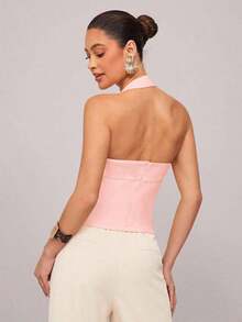 1 Top corto de unicolor con volantes para mujer, camiseta sin mangas ajustada de cuello halter de moda para oficina y transporte, color amarillo mantequilla - Rosa Pálido 2 - Ver 2