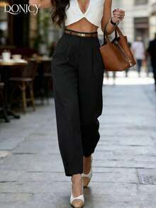 anchos de mujer de color beige sólido, pantalones largos plisados de tela texturizada elegante, adecuados para la oficina y el uso casual en primavera/verano.Cinturón no incluido. - Negro - Ver 3