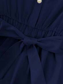 Vestido de mujer de longitud media, cómodo y suave, sin estiramiento, con cuello redondo, mangas de vuelo, cintura elástica, decoración de botones de perla, estilo francés elegante y versátil para vacaciones y viajes, color albaricoque, primavera - Azul marino - Ver 3
