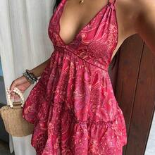 Women's Casual Vacation Daily Versatile Fashionable Bohemian Print Backless Tie Bow Halter Dress, Spring/Summer - Multicolor - Ver 7
