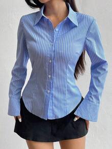 Camisa de manga larga casual a rayas que ciñe la cintura, apta para primavera/verano/otoño, tops de manga larga - Azul - Ver 3