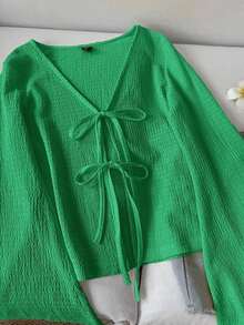 Blusa casual de mujer de manga acampanada con lazo, unicolor, top color burdeos, top rojo vino, top rojo oscuro, ropa estilo cottagecore, blusas rojas para mujer, casual - Verde 2 - Ver 5