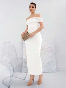 Vestido elegante de punto con hombros descubiertos de unicolor para banquetes - Blanco - Ver 4