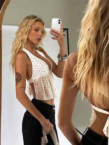 Elegante top de tirantes con escote en V y estampado de lunares para mujer, primavera/verano - Blanco - Ver 2