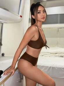 bikini unicolor con nudo delantero - Café integral - Ver 5